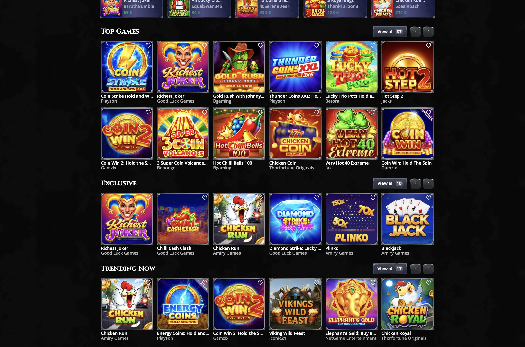 Catalogo giochi di Thor Fortune casino con sezioni Top Games, Exclusive e Trending Now