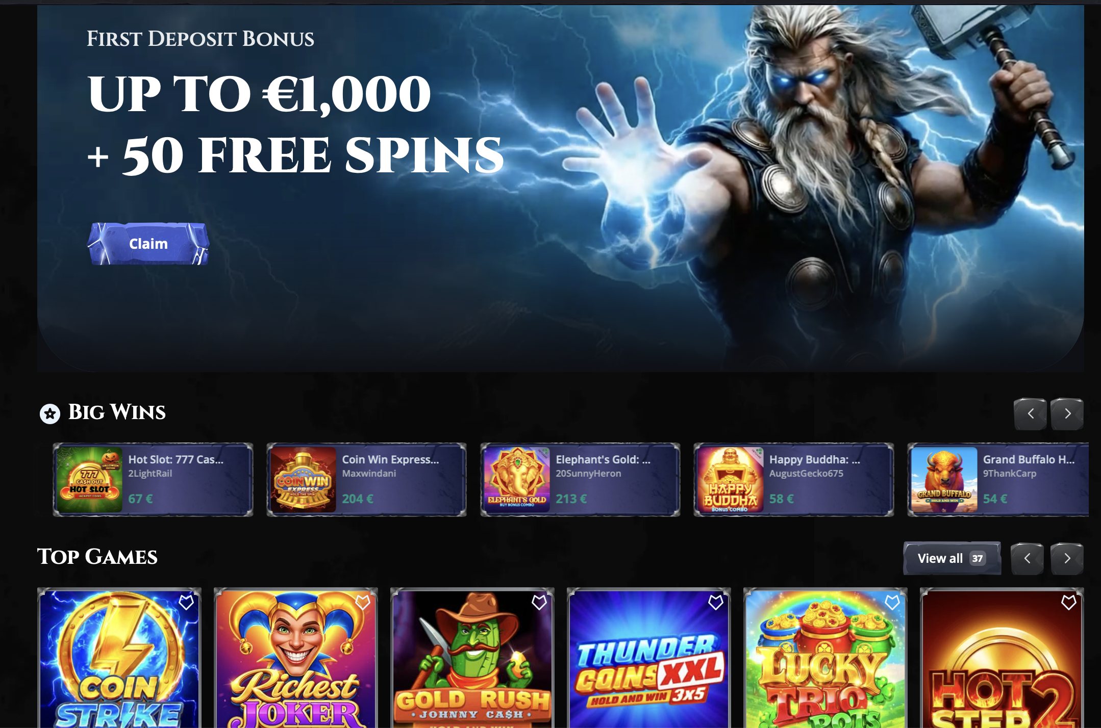 Pagina principale di Thor Fortune casino con il bonus di benvenuto e i giochi in evidenza